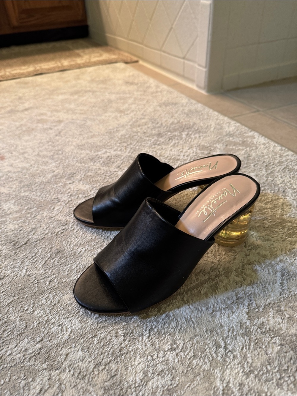 Nanette Lepore Black Leather Open-Toe Mules with Gold Lucite Heel